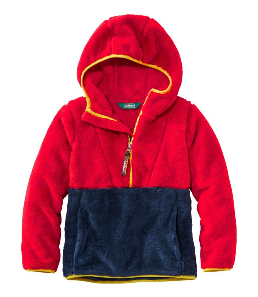 Kids' L.L.Bean Hi-Pile Fleece Hooded Pullover, Colorblock Dark Red/Bright Navy L 6X/7