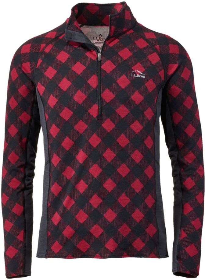 Men's L.L.Bean Midweight Base Layer - Long Underwear, 1/4 Zip, Print Dark Red Buffalo Plaid Extra Large, Synthetic