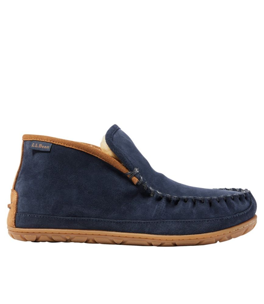 Men's Wicked Good Sheepskin Shearling Lined Slippers, Boot Moc Carbon Navy/Saddle 7(D), Suede Leather/Rubber L.L.Bean