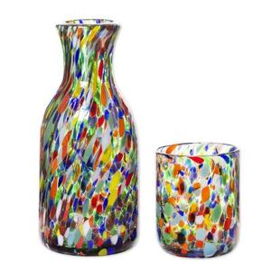NOVICA Jubilant Color,'Carafe and Glass in Handblown Glass (Pair)'