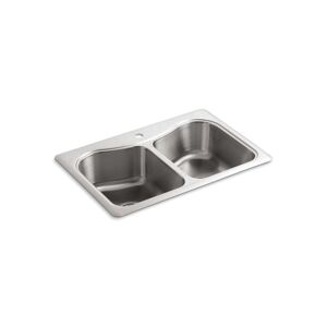 Staccato 33" x 22" x 8-5/16" top-mount double-equal bowl kitchen sink with single faucet hole