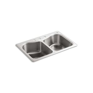 Staccato 33" x 22" x 8-5/16" top-mount double-equal bowl kitchen sink with 4 faucet holes