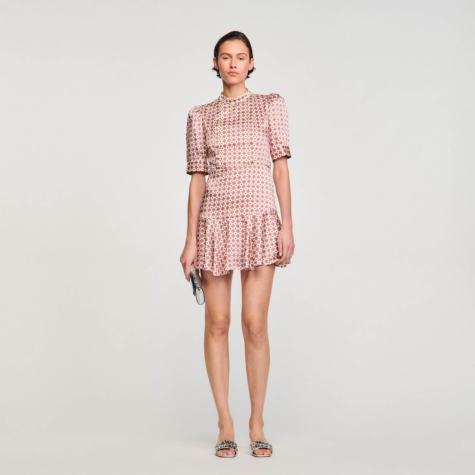 Sandro Short print dress - female - Ecru / Pink - Woman-Dresses-FR 42 / US 10