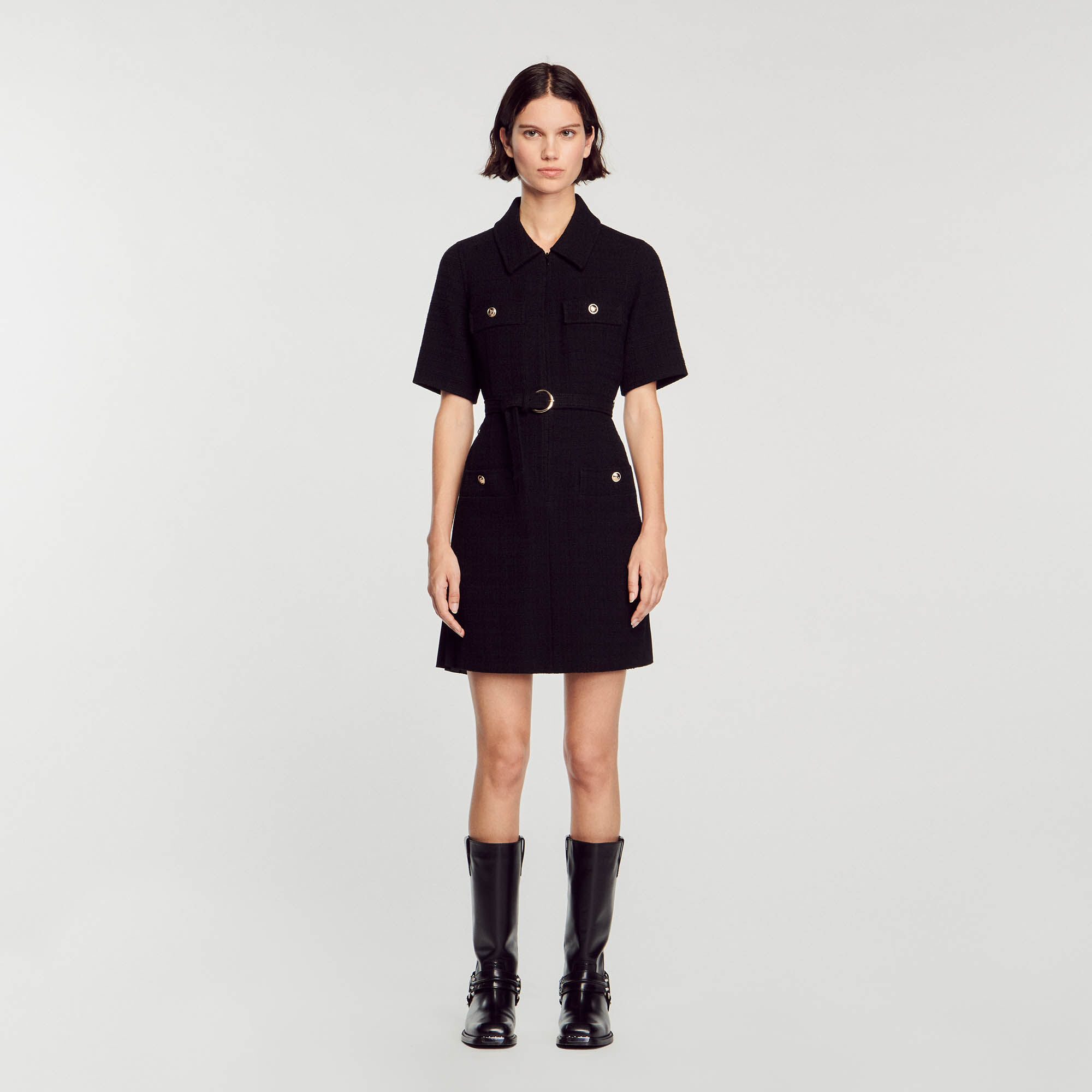 Sandro Short-sleeved dress in two materials - female - Black - Woman-Dresses-FR 38 / US 6