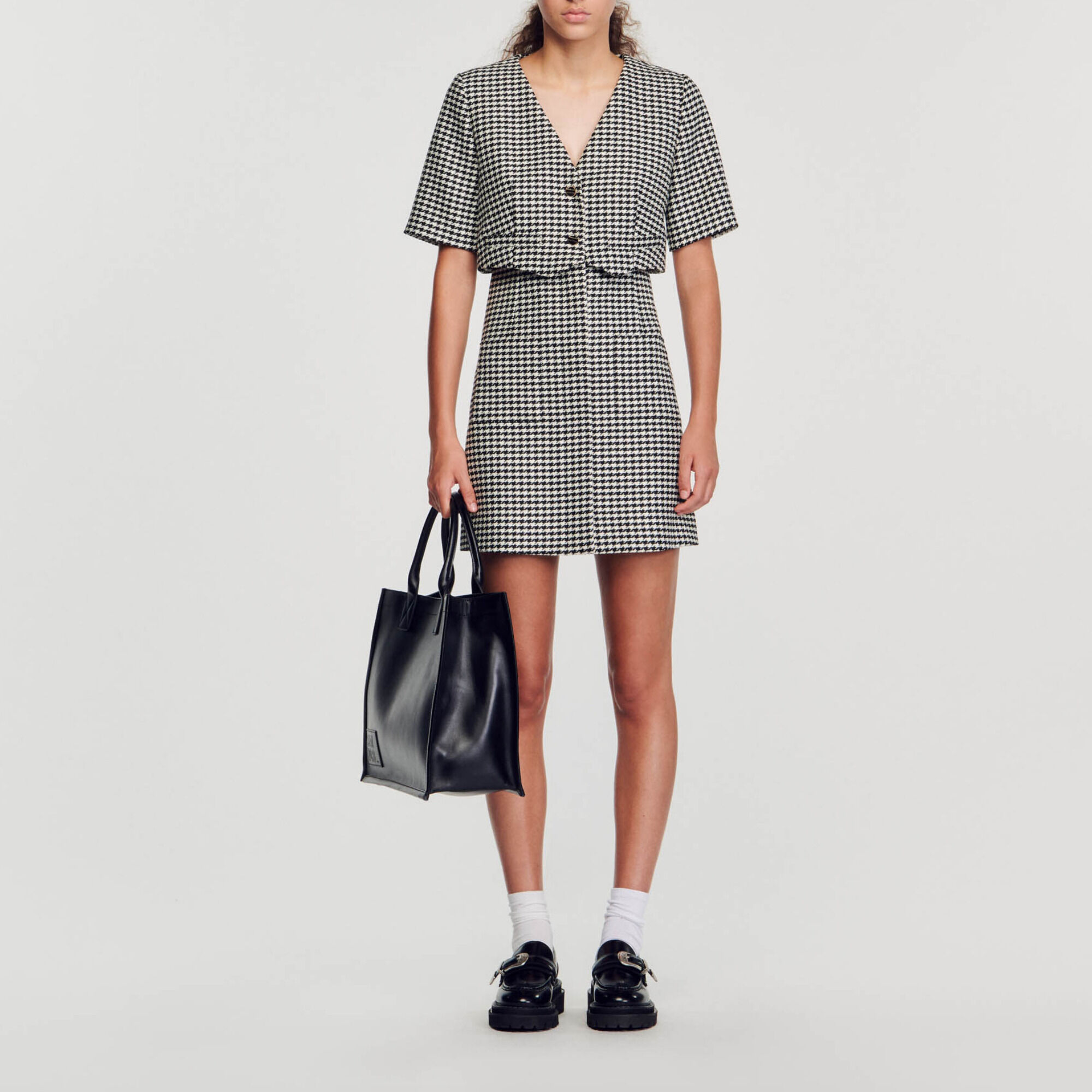 Sandro Short houndstooth tweed dress - female - Black / White - Woman-Dresses-FR 34 / US 2