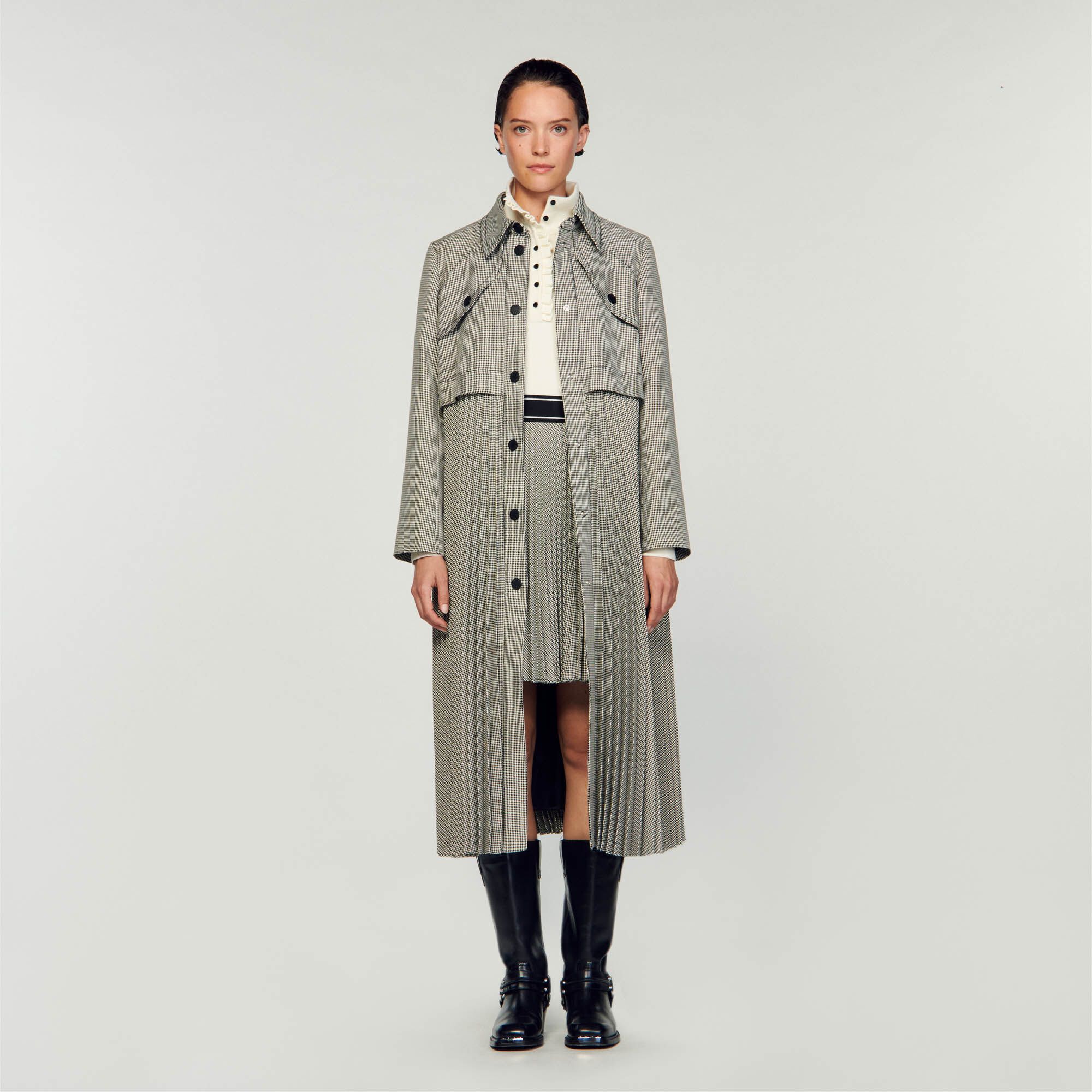 Sandro Houndstooth trench coat - female - Black / White - Woman-Coats-FR 34 / US 2