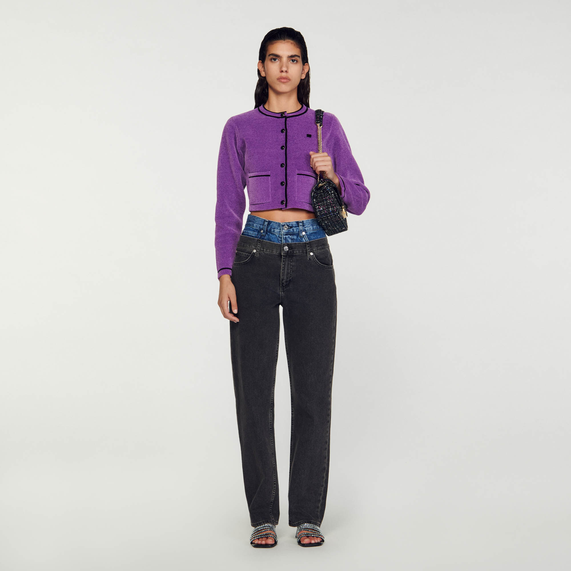 Sandro Velvet-effect cropped coatigan - female - Purple - Woman-All Clothing-FR 4 / XL