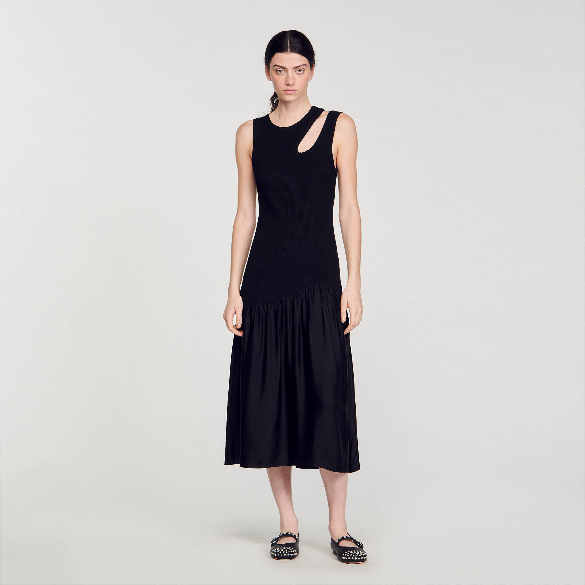 Sandro Dual-material maxi dress - female - Black - Woman-Dresses-FR 36 / US 4