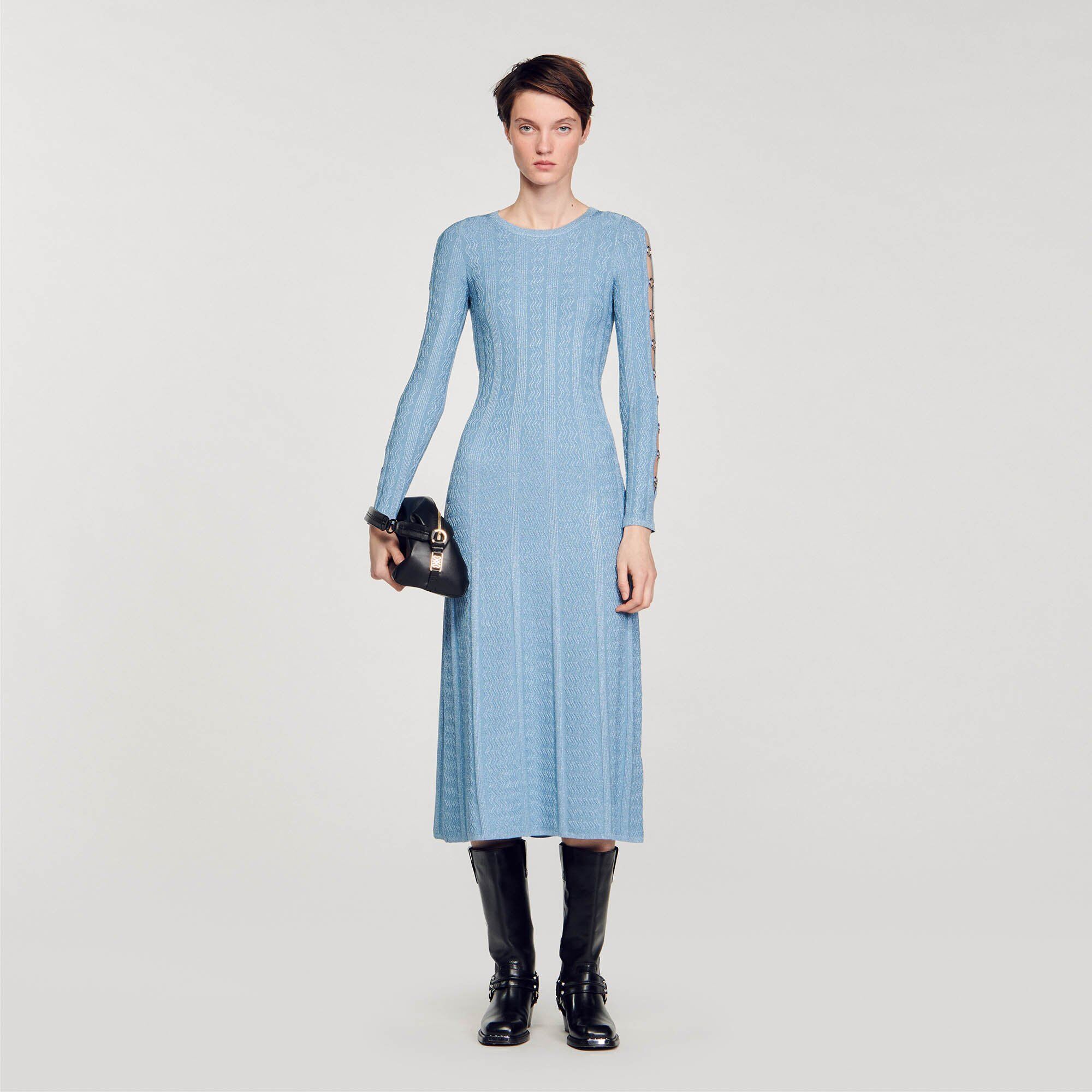 Sandro Long-sleeved knit midi dress - female - Sky Blue - Woman-Dresses-FR 36 / US 4