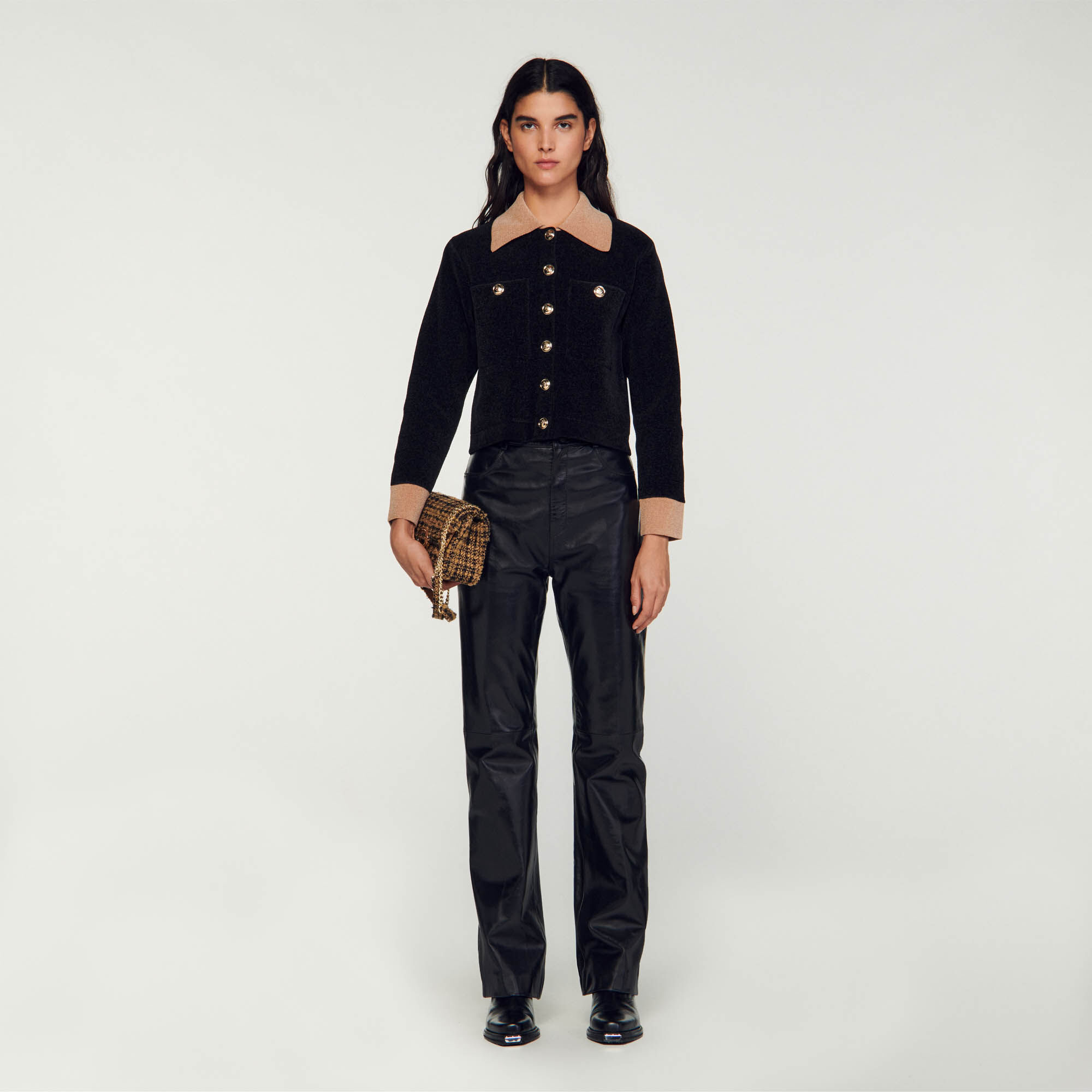 Sandro Cropped velour knit coatigan - female - Black - Woman-All Clothing-FR 4 / XL