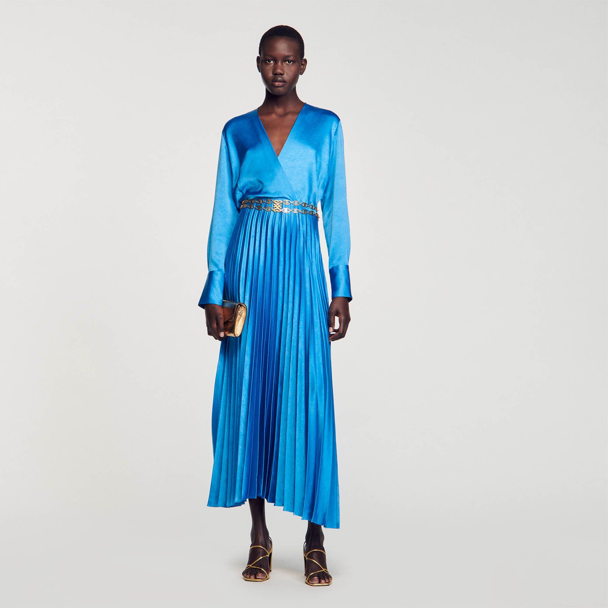 Sandro Pleated Satin-Effect Maxi Dress - female - Pétrol Blue - Woman-Dresses-FR 42 / US 10