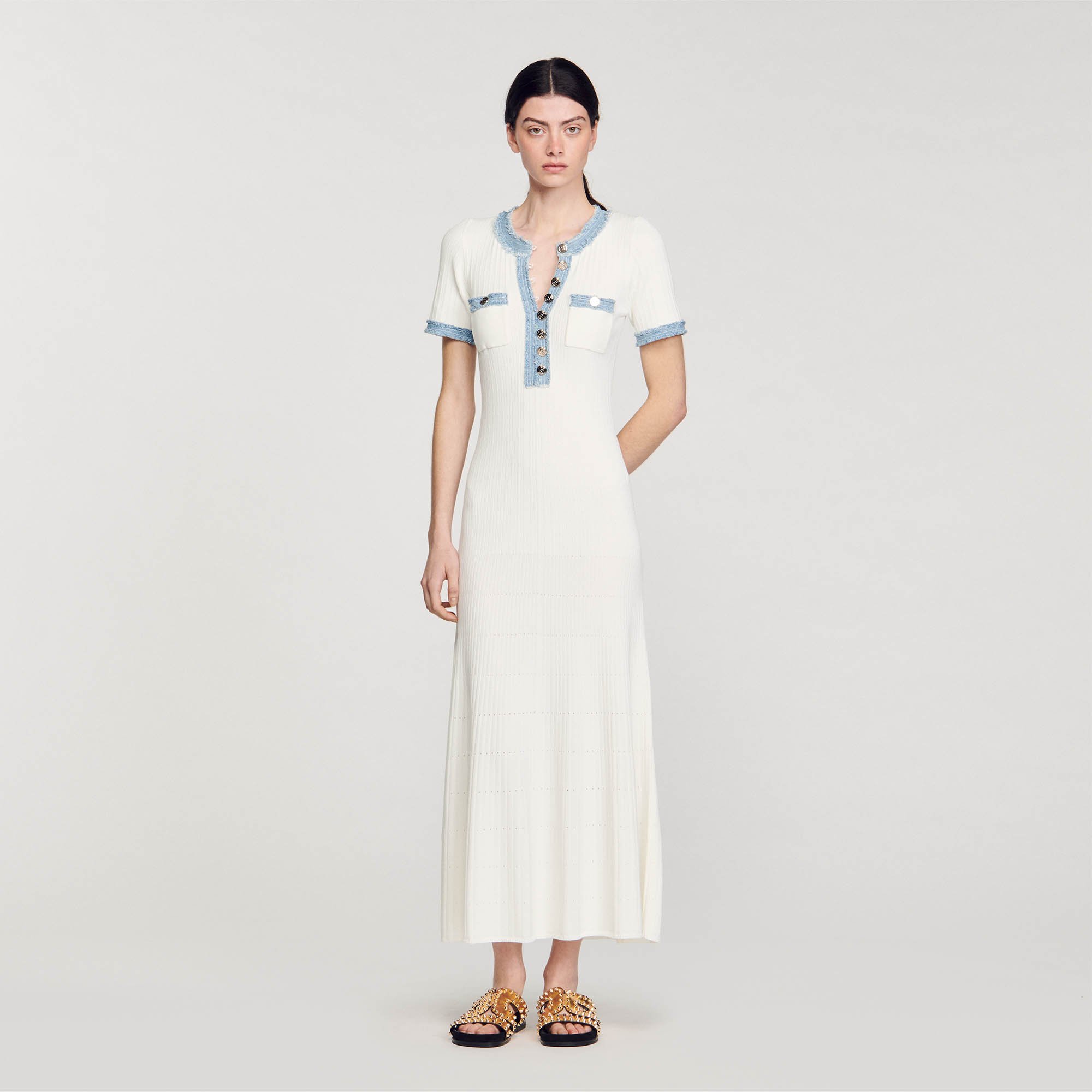 Sandro Knit and denim midi dress - female - white - Woman-Dresses-FR 36 / US 4