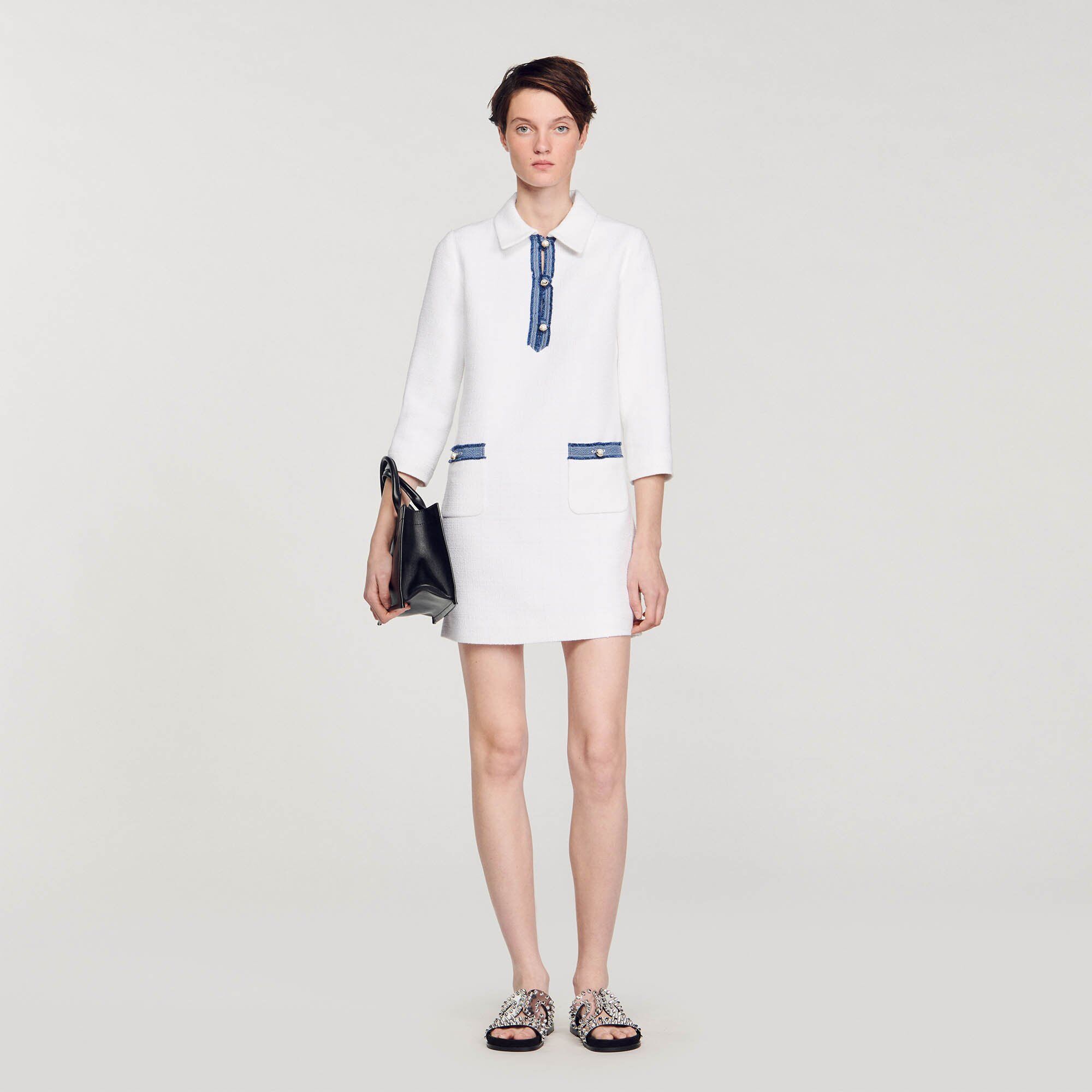 Sandro Long-sleeved Short Tweed Dress - female - white - Woman-Dresses-FR 34 / US 2