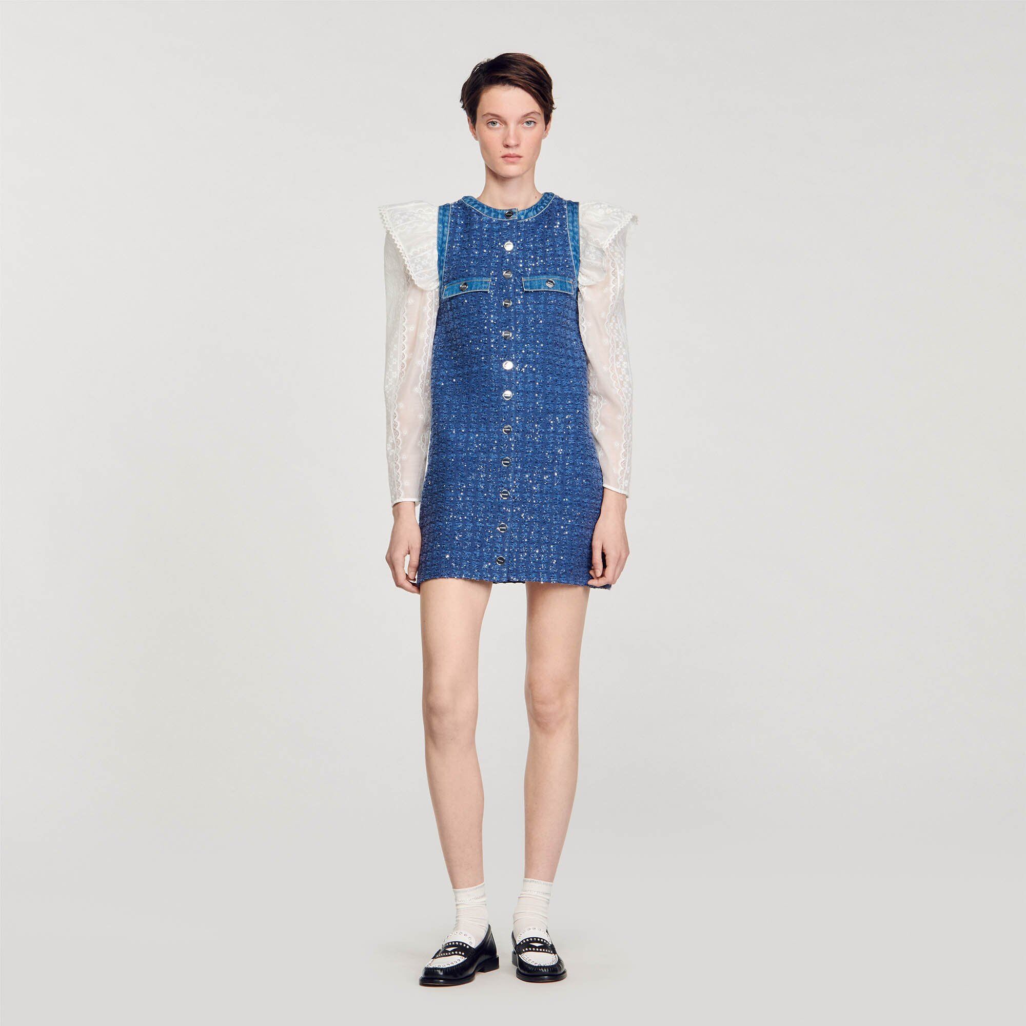 Sandro Short tweed trapeze dress - female - Blue - Woman-Dresses-FR 38 / US 6