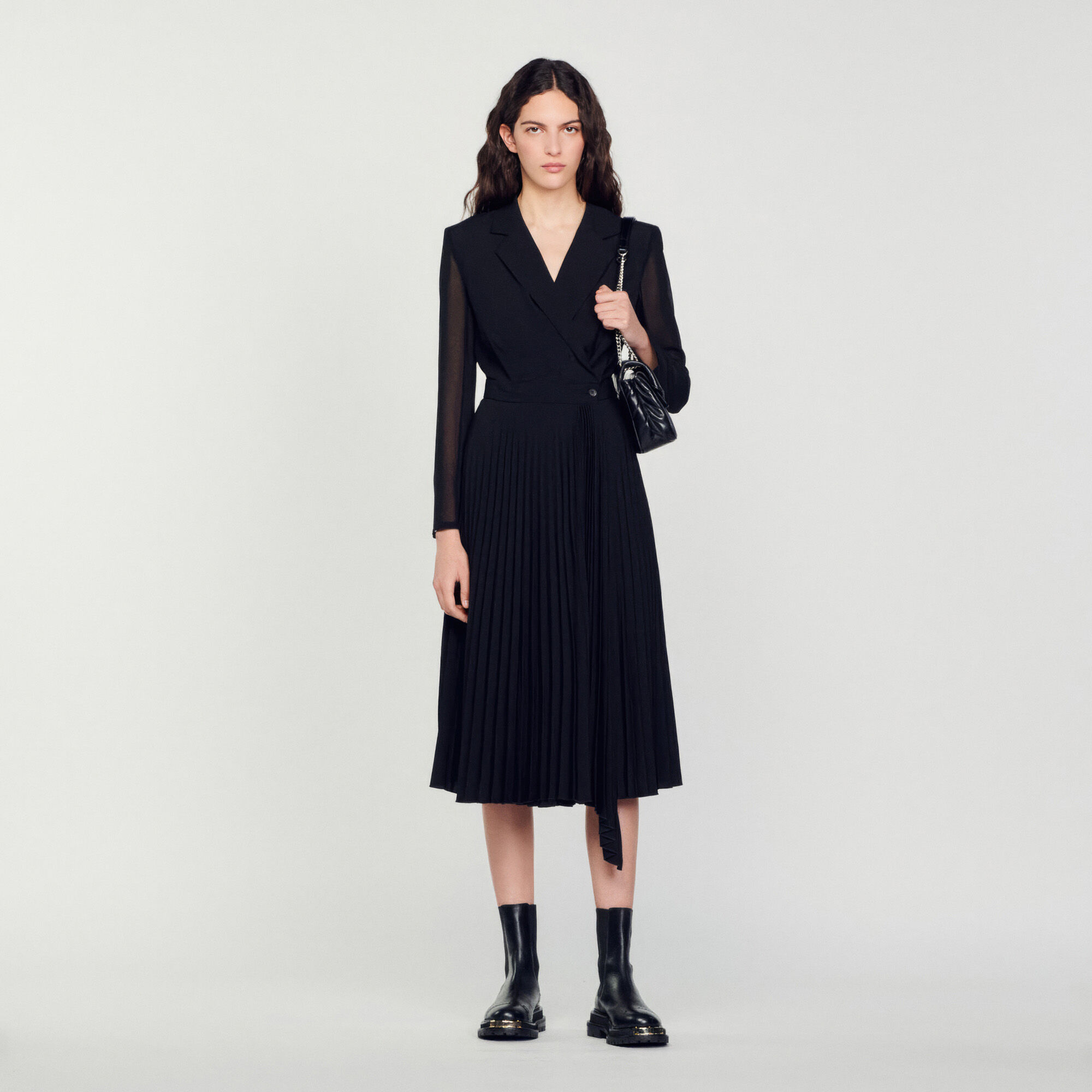 Sandro Dual-material long-sleeved dress - female - Black - Woman-Dresses-FR 38 / US 6