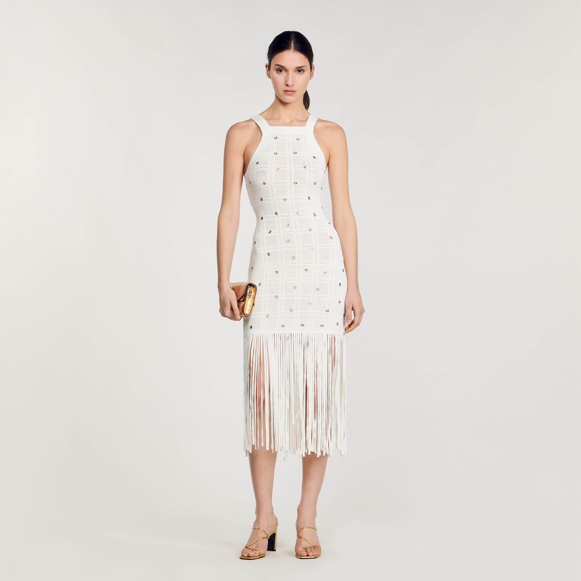 Sandro Fringed midi dress - female - white - Woman-Knit Dresses-FR 34 / US 2
