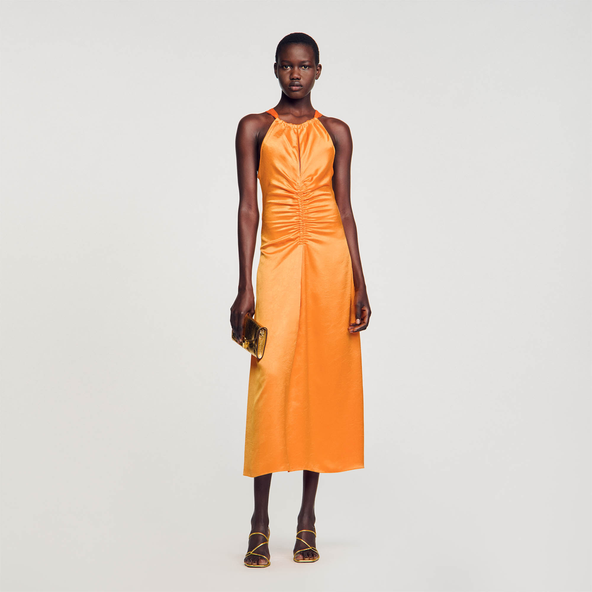 Sandro Ruched Satin-Effect Maxi Dress - female - Orange - Woman-Dresses-FR 34 / US 2