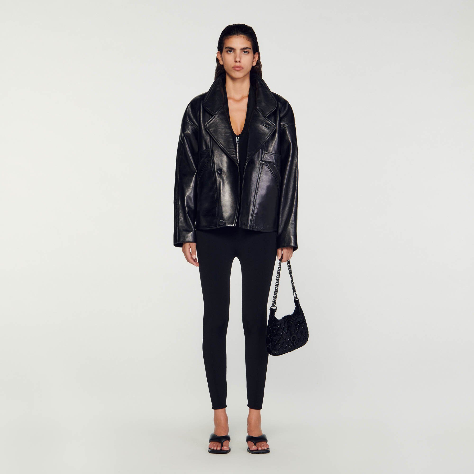 Sandro Oversized leather jacket - female - Black - Woman-Jackets &amp; Blazers-XL