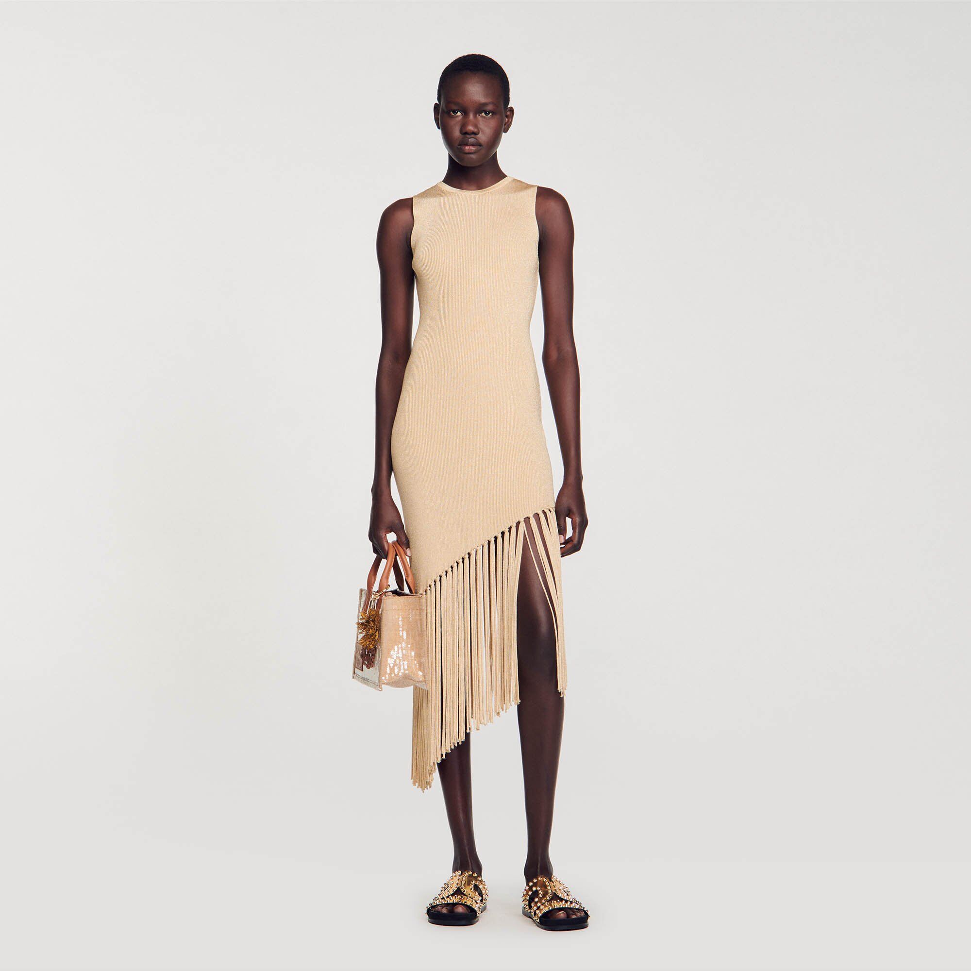 Sandro Asymmetrical fringed maxi dress - female - Gold - Woman-Dresses-FR 38 / US 6