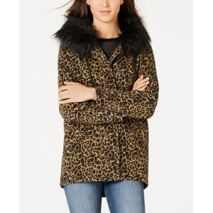 Jou Jou Junior's Leopard Print Faux Fur Trim Hooded Jacket Brown Size Small