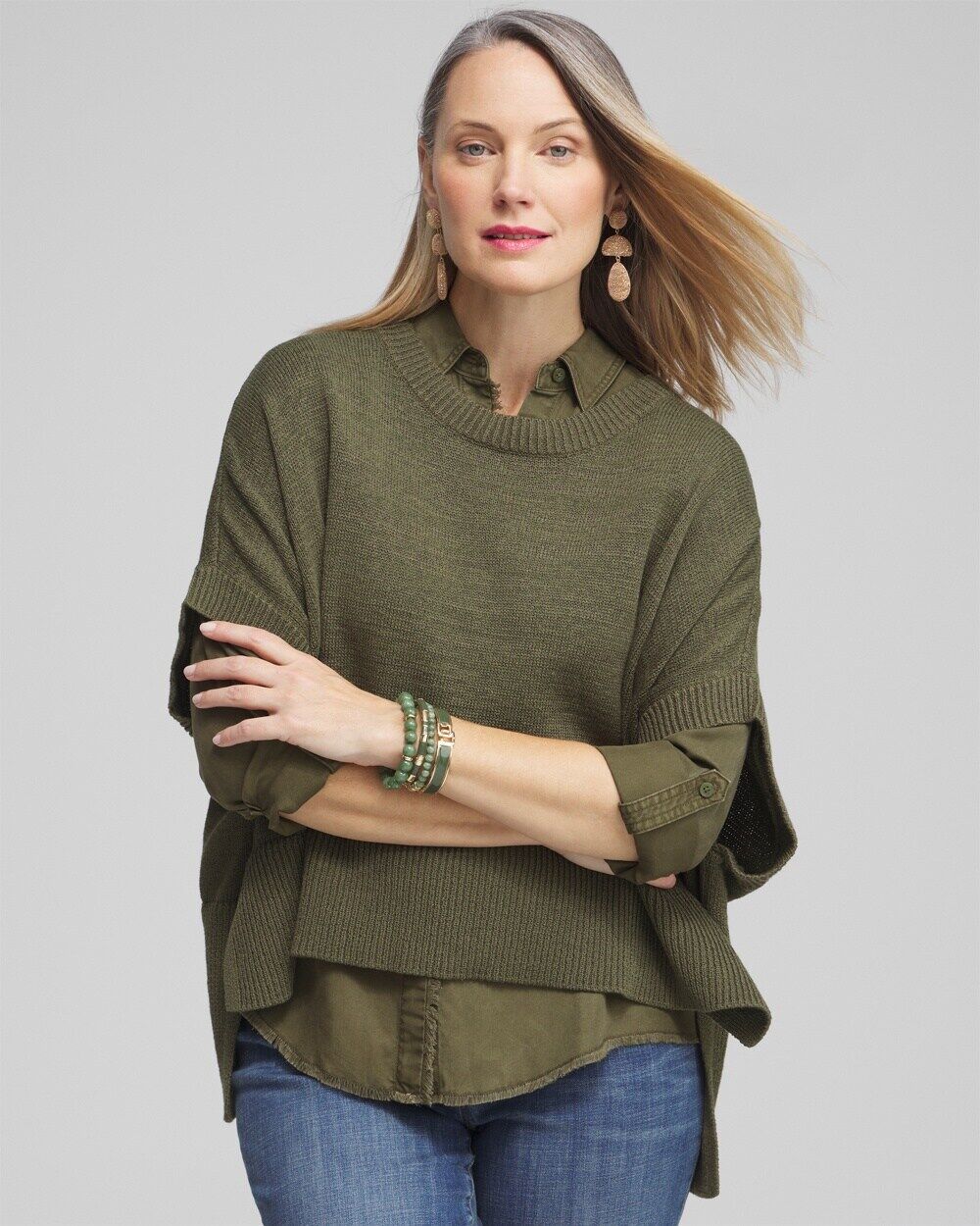 Short Sleeve Knit Poncho in Olive Green size Small/Medium   Chico's, Coastal Style - Olive Green - Women - Size: Small/Medium