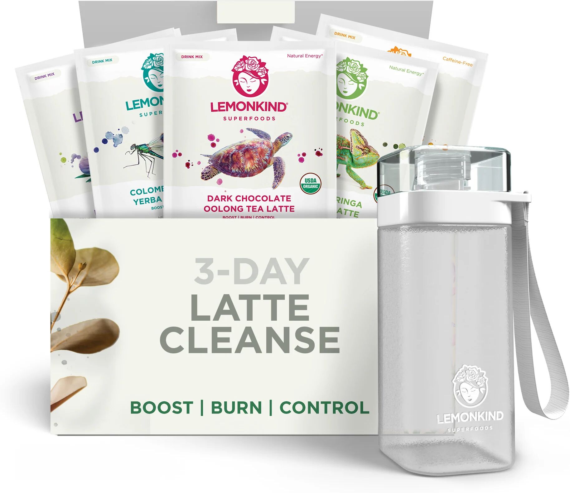 LEMONKIND 3 Day FAT-BURN Cleanse - 5 Superblend Latte Flavors with Rice Milk & Pea Protein (15 Pack+Bottle)