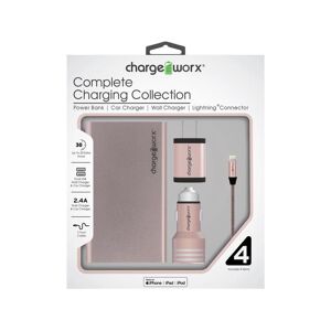 Chargeworx Metallic Mobile Charging Kit for iPhone w/ Power Bank, MFi Certified Braided Lightning Cable, Duo USB Car Charger and Wall Charger, Rose.