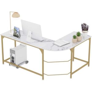 GSMART Reversible L-Shaped Desk Corner Gaming Computer Desk Office Workstation Modern Home Study Writing Wooden Table (Large, White Marbling+ Gold Frame)