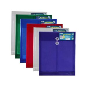 Value Brand Letter Size Poly String Envelope with Expandable Gusset, 6pc Mix Colors Set(1green, 1blue, 2clear, 1purple, 1red), Water/Tear Resistant-Translucent