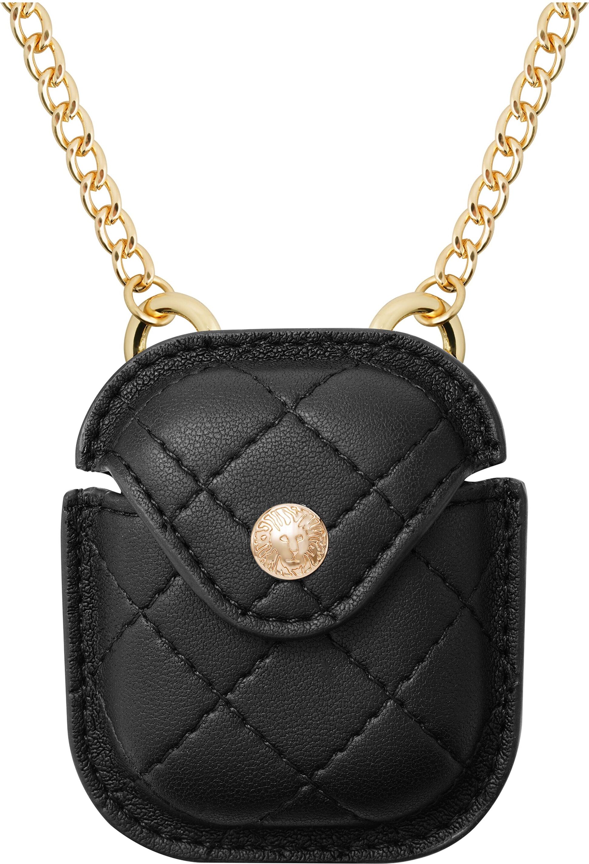 Anne Klein Women's Quilted AirPods Case with Cross Body Chain in Black/Gold-Tone