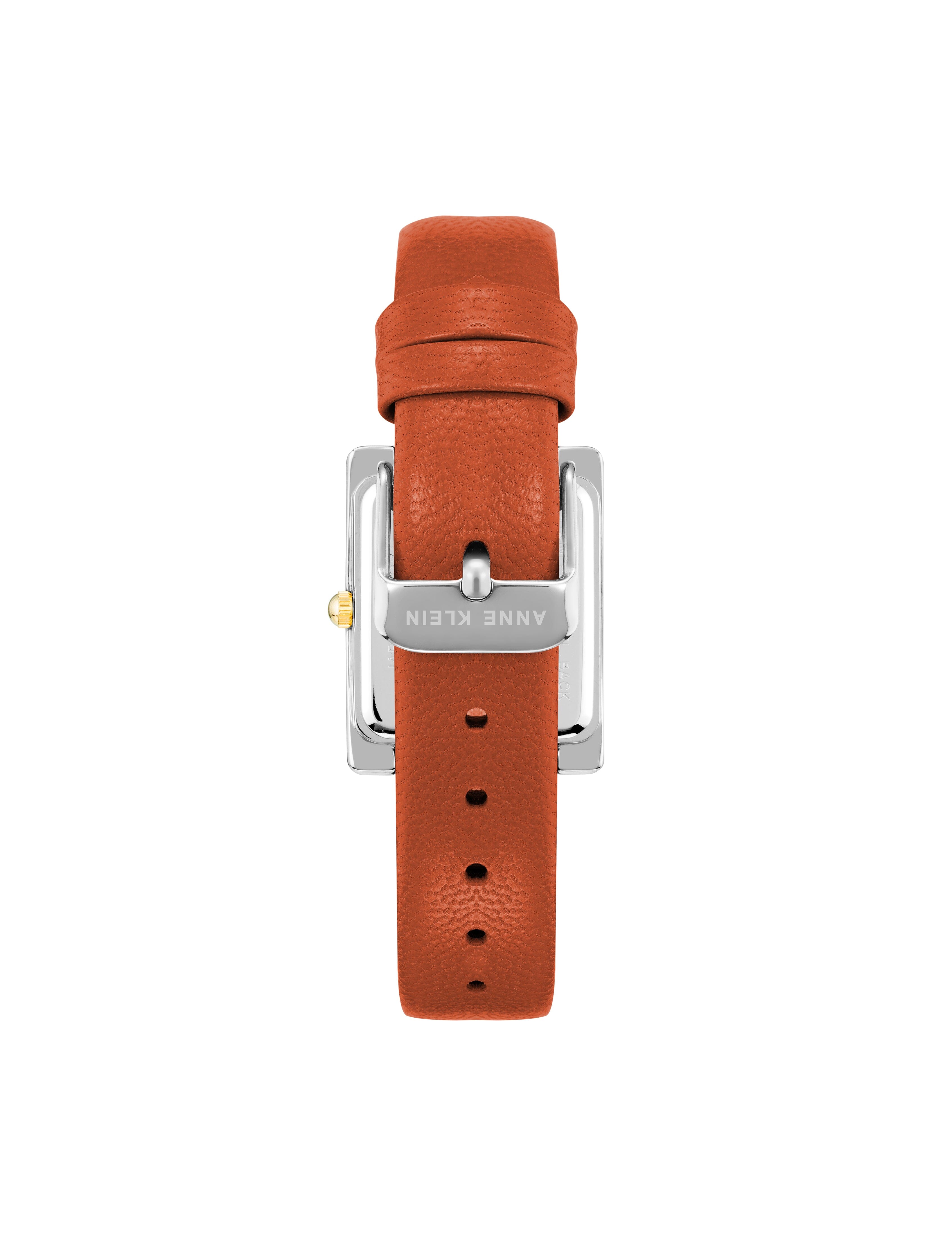 Anne Klein Women's Rectangular Case Leather Band Watch in Red-Rust/Two-Tone