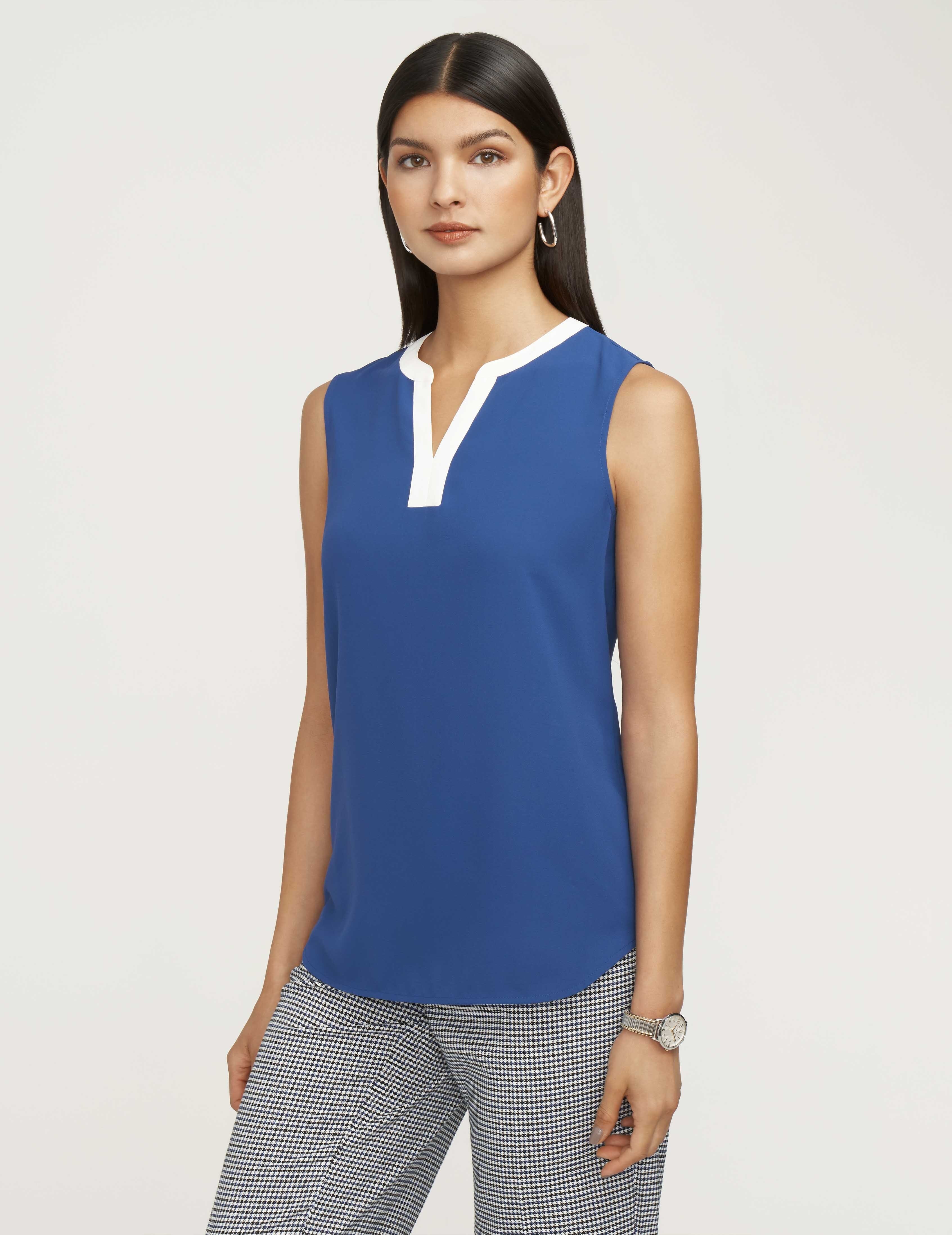 Anne Klein Women's Color Block Split Sleeveless Blouse- Clearance in Magritte Blue/NYC White size Small