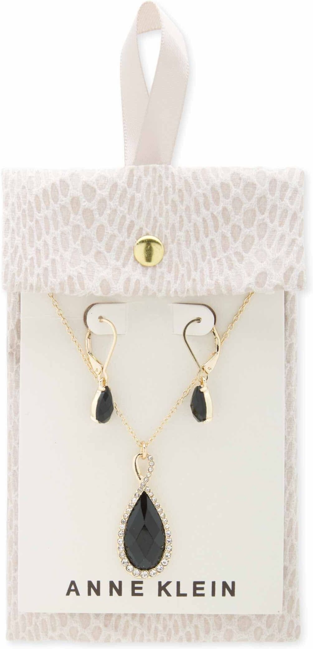 Anne Klein Women's Crystal Tear Drop Pendant & Earring Pouch Set in Black&Gold-Tone size 0.68"