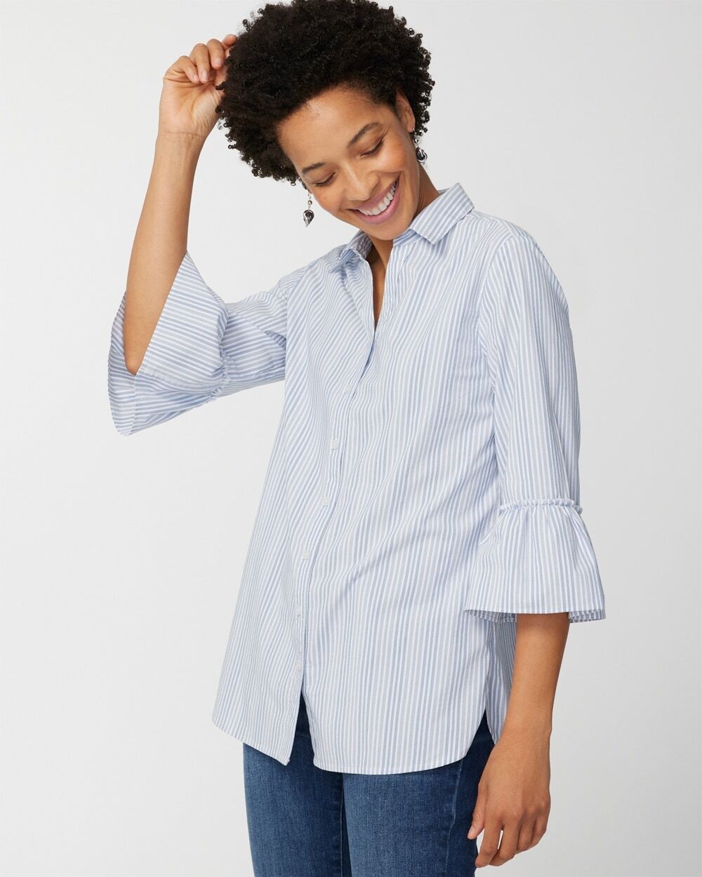 Chico's Off The Rack Women's Marin Co. Stripe Ruffle-Sleeve Button-Front Top in Ocean Drop Size 4 (20/22-XXL)   Chico's Outlet, Clearance Women's Clothing - Ocean Drop - Women - Size: 4 (20/22-XXL)