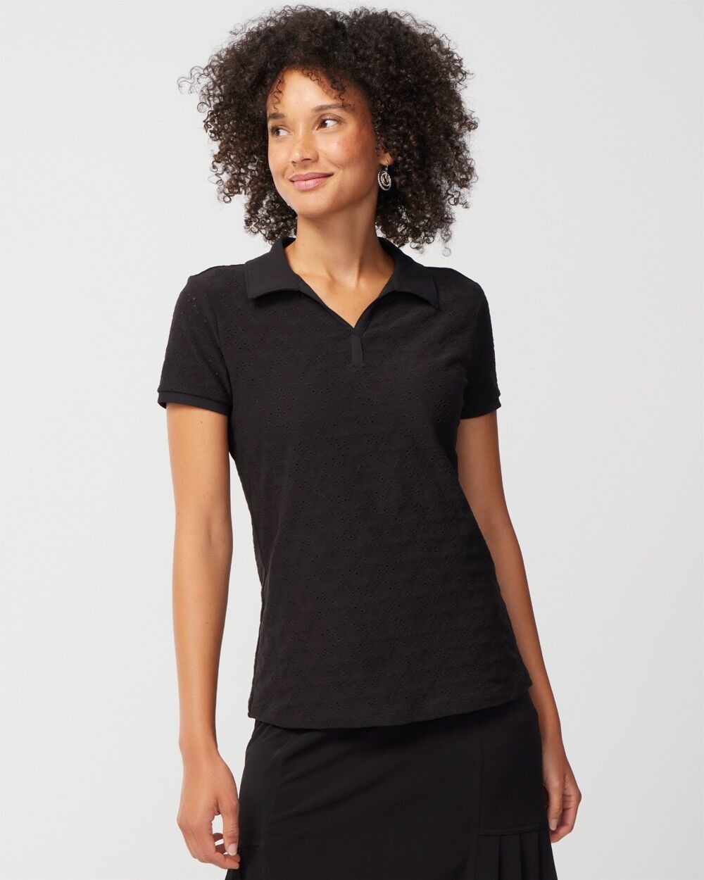 Chico's Off The Rack Women's All-Over Eyelet Polo Top in Black Size Small   Chico's Outlet   Weekends Activewear, Clearance Women's Clothing - Black - Women - Size: Small