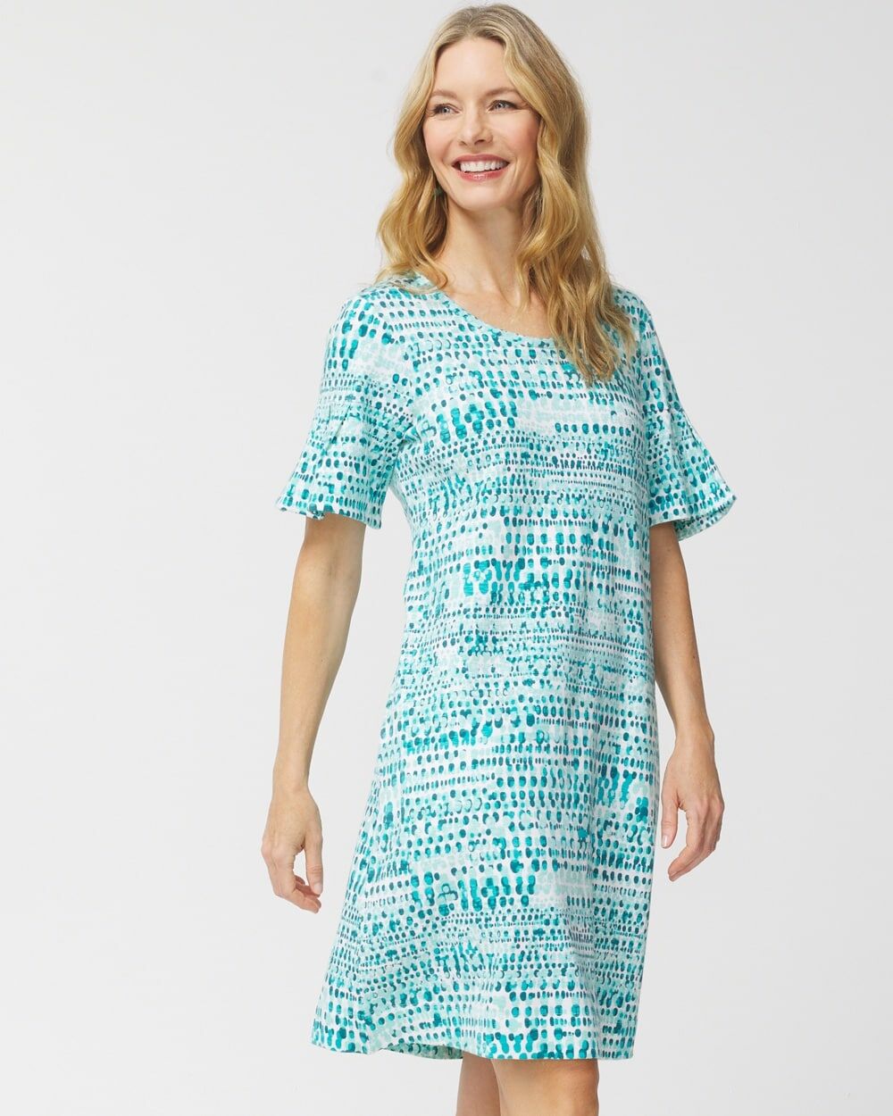 Chico's Off The Rack Women's Drops Of Rain Ruffle-Sleeve Knee-Length Dress in Blue Grass Size 16/18   Chico's Outlet, Spring Dresses - Blue Grass - Women - Size: 16/18