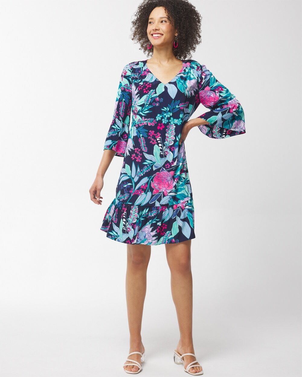 Chico's Off The Rack Women's Brilliant Blooms Knee-Length Dress in Midnight Dark Blue Size 8/10   Chico's Outlet, Spring Dresses - Midnight Dark Blue - Women - Size: 8/10