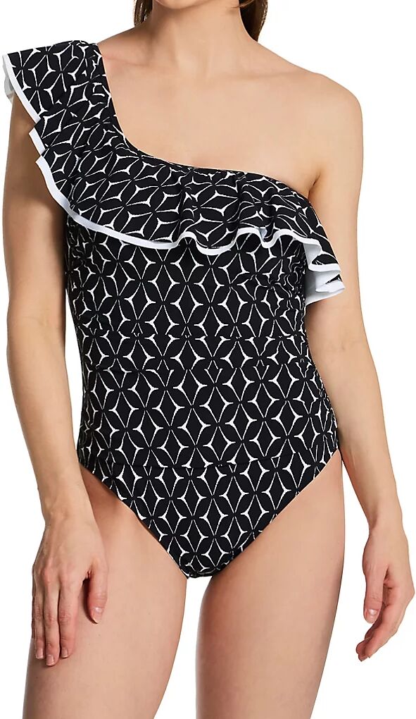 Profile by Gottex Women's Supreme One Shoulder Ruffle One Piece Swimsuit in Black/White (S2061)   Size 12   HerRoom.com