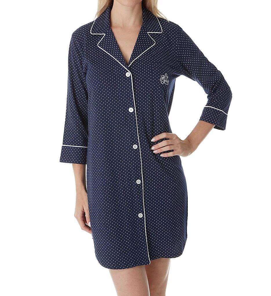 Lauren Ralph Lauren Women's Plus Heritage Knits 3/4 Sleeve Classic Sleepshirt in Navy Dot (13702X)   Size XL   HerRoom.com