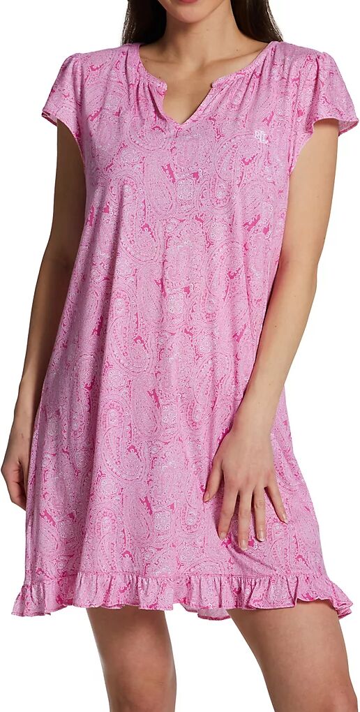 Lauren Ralph Lauren Women's Classic Knit Split Neck Short Sleeve Flounce Gown in Pink Paisley (LN22301)   Size Medium   HerRoom.com