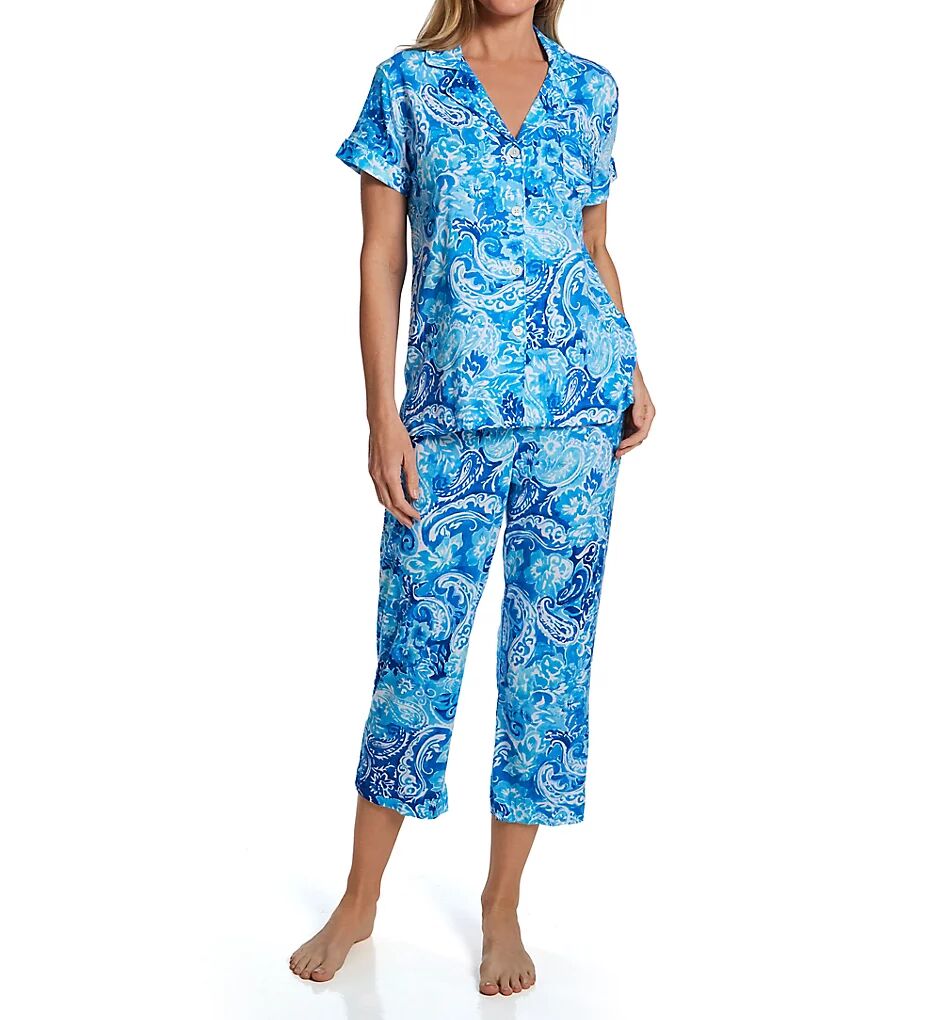 Lauren Ralph Lauren Women's Plus Size Classic Knit Notch Collar Capri PJ Set in Blue Paisley (N92309X)   Size 3XL   HerRoom.com