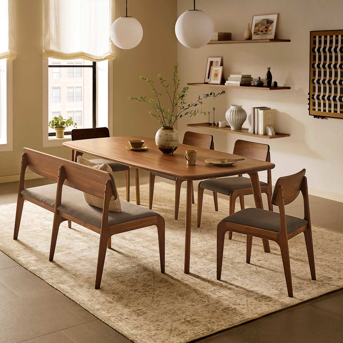 Vincent Walnut Dining Table Set with 6 Chairs, Brown, Castlery