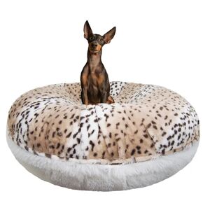 Bessie and Barnie Signature Extra Plush Faux Fur Luxury Bagel Dog Bed, 36" L X 36" W X 10" H, Aspen Snow Leopard/Snow White, Medium