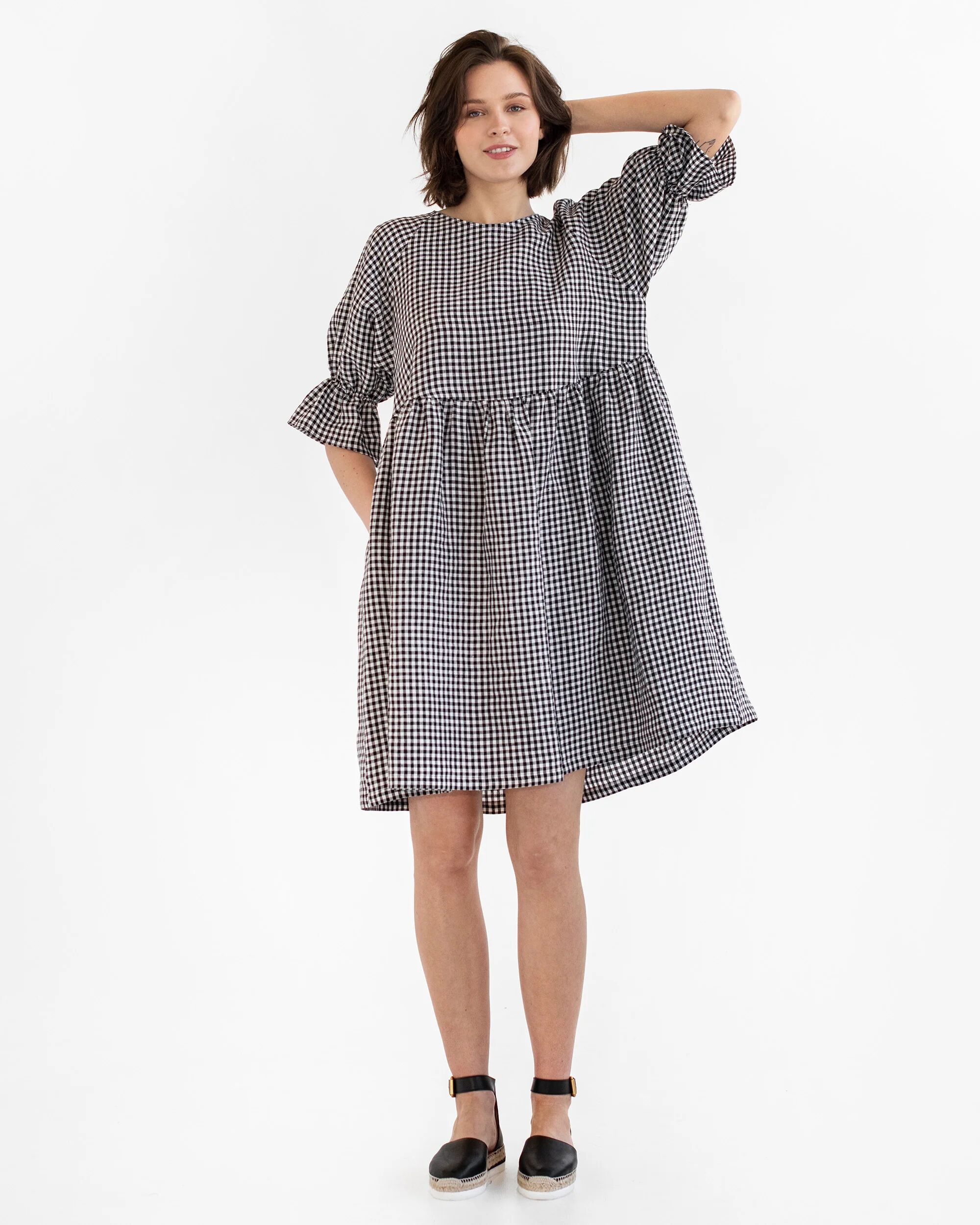 MagicLinen Voluminous linen dress NERJA in Black gingham - XXL