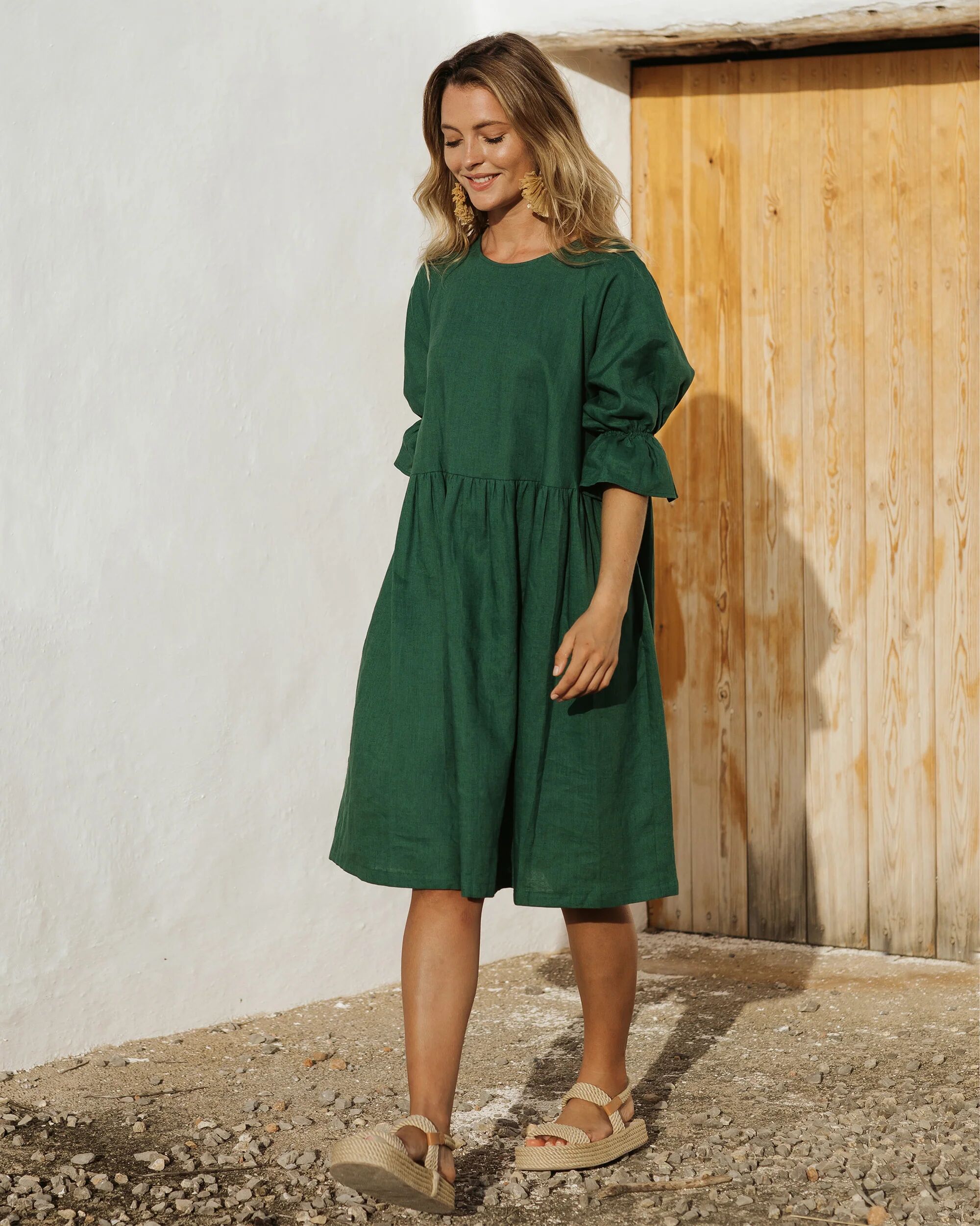 MagicLinen Voluminous linen dress NERJA in Green - XXL