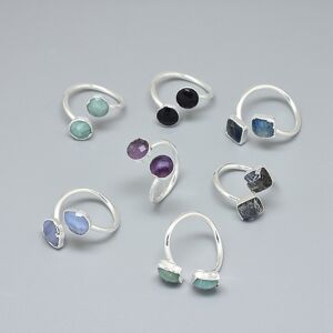 Adjustable Natural Gemstone Finger Rings, with Brass Findings, Flat Round, Silver Color Plated, Silver, Size 7~Size 8, 17~19mm - Beadpark.com