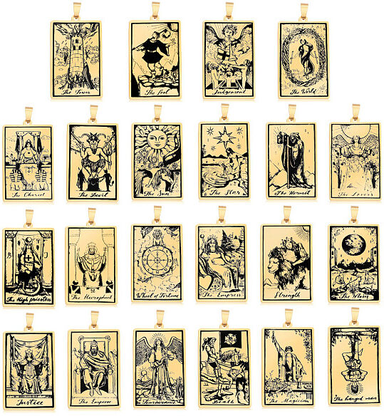 201 Stainless Steel Pendants, Laser Engraved Pattern, Rectangle with Tarot Card Patterns, Golden, 40x24x1mm, Hole: 8x4mm, 22pcs/set - Beadpark.com