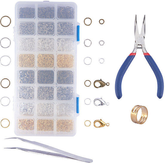 DIY Jewelry Making Kits, Jump Rings, Brass Lobster Claw Clasps, Bent-nose Jewelry Pliers, Beading Tweezers, Mixed Color - Beadpark.com