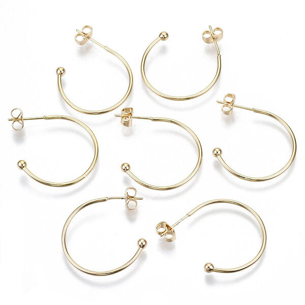 Brass Half Hoop Earrings, Stud Earring, Nickel Free, with Ear Nuts and 925 Sterling Silver Pins, Real 18K Gold Plated, 26x28x3mm, Pin: 0.7mm - Beadpark.com