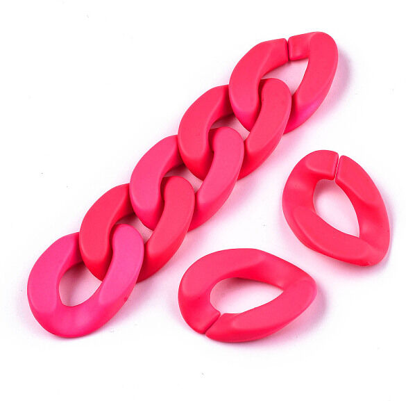 Opaque Spray Painted Acrylic Linking Rings, Fluorescence, Quick Link Connectors, for Curb Chains Making, Unwelded, Twist, Deep Pink, 29x20.5x6mm, Inner Diameter: 8x16mm - Beadpark.com